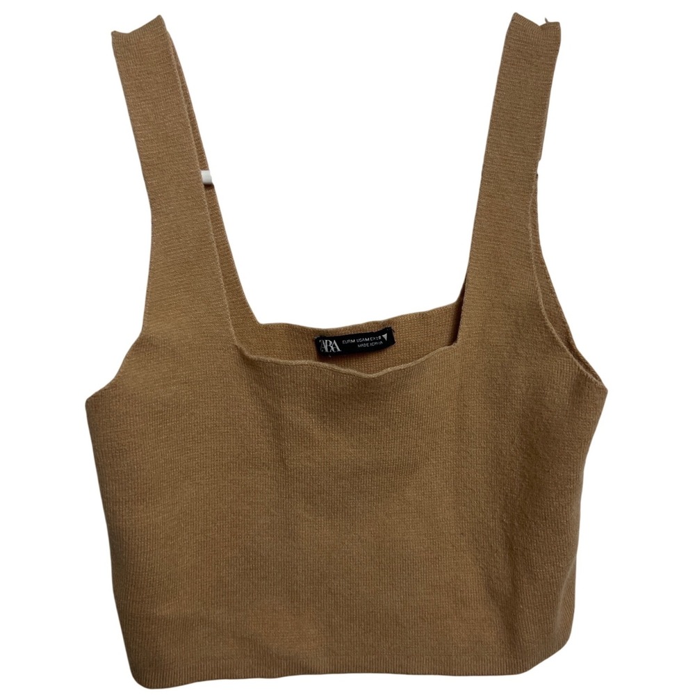 Zara Womens Camel Tan Knit Square Neck Crop Top Tank Size Medium